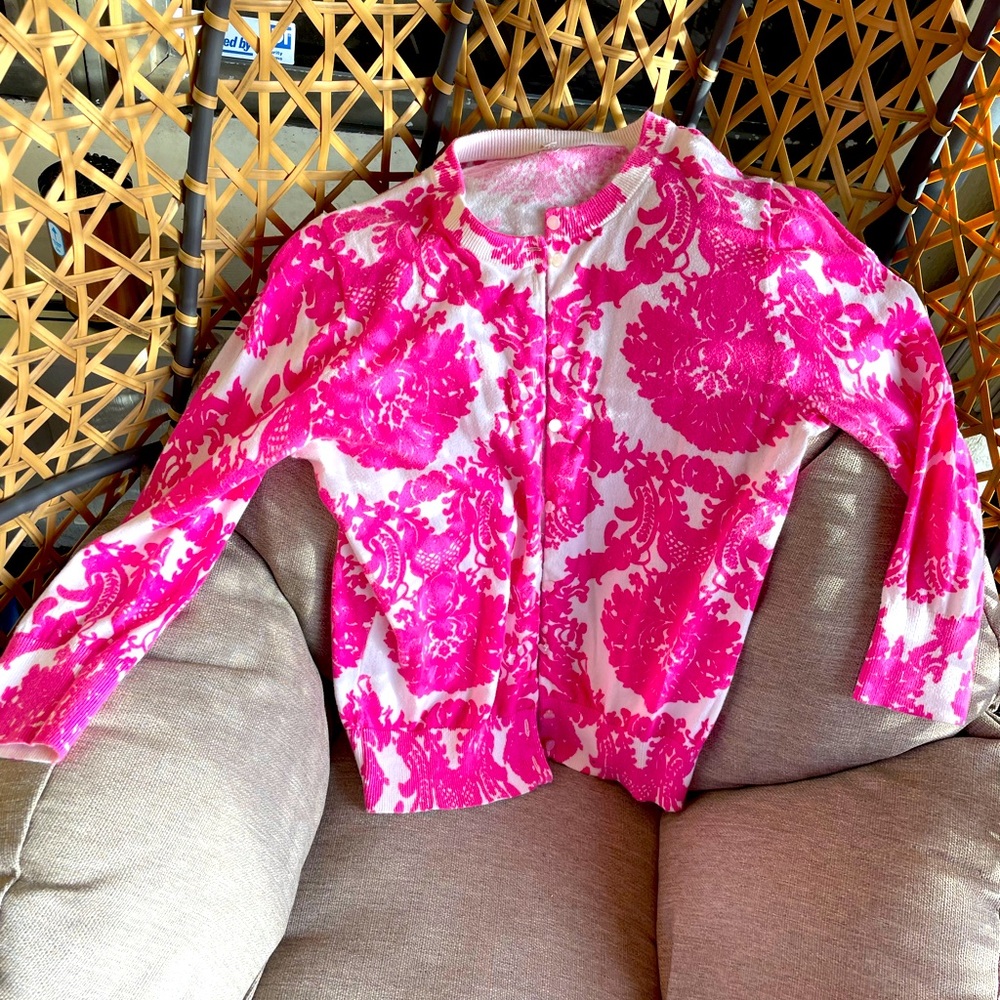 J. Crew pink floral damask cardigan sweater